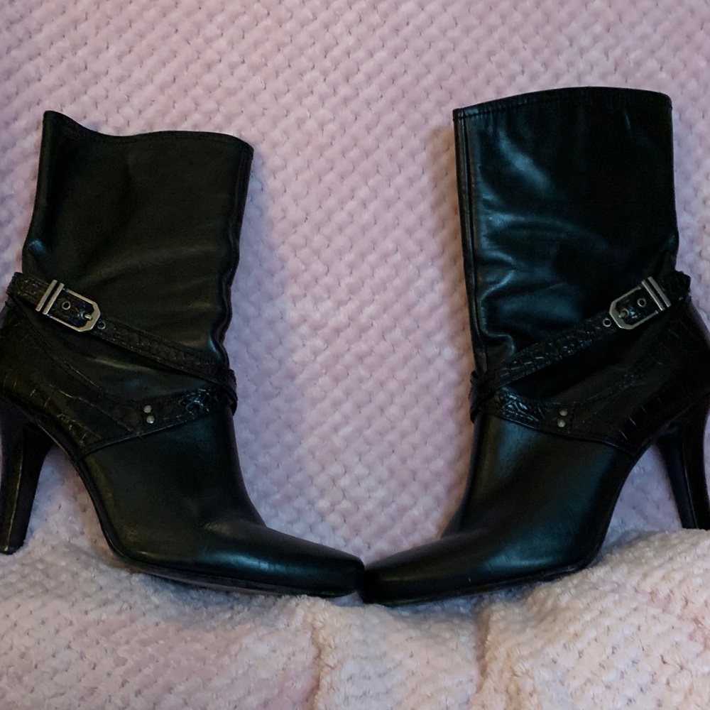 Cole Haan Black Heeled Boots with Buckle Detail